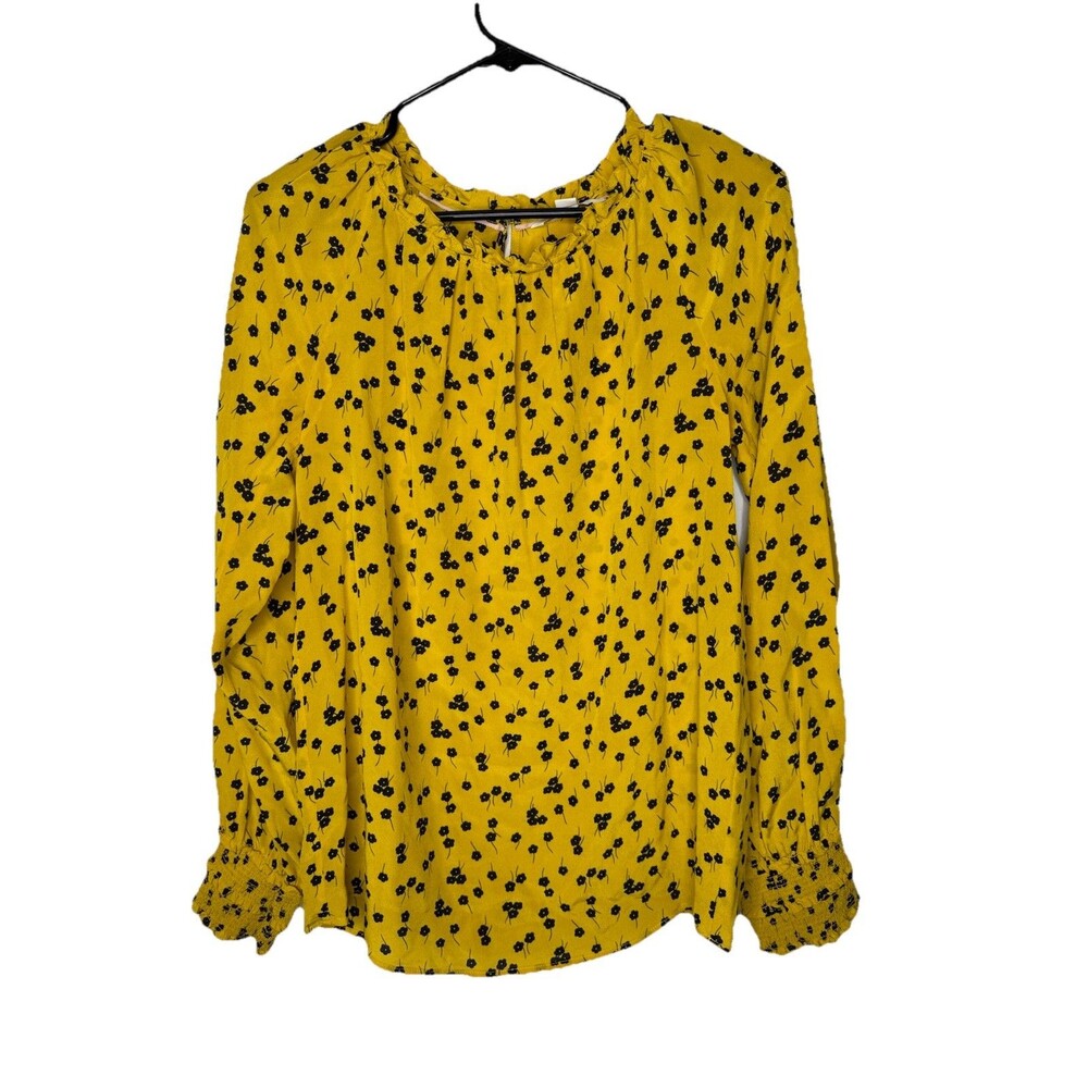 Boden 100% Silk Blouse Yellow Floral Ruffle Neck Smocked Cuff Long Sleeve Top 4